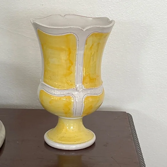 Mid Century Bitossi Era Italian Art Pottery Jardiniere Vase Yellow White Sticker
